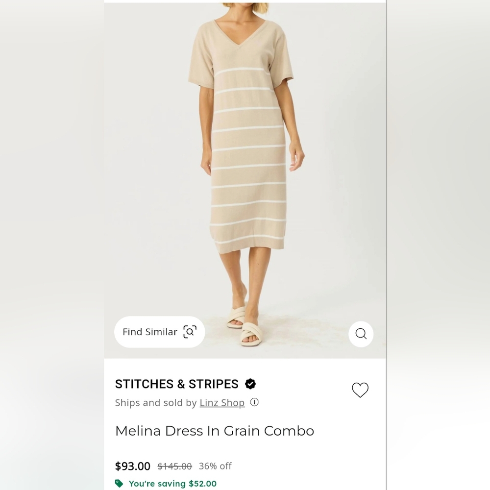Beige Stripe V-Neck Dress